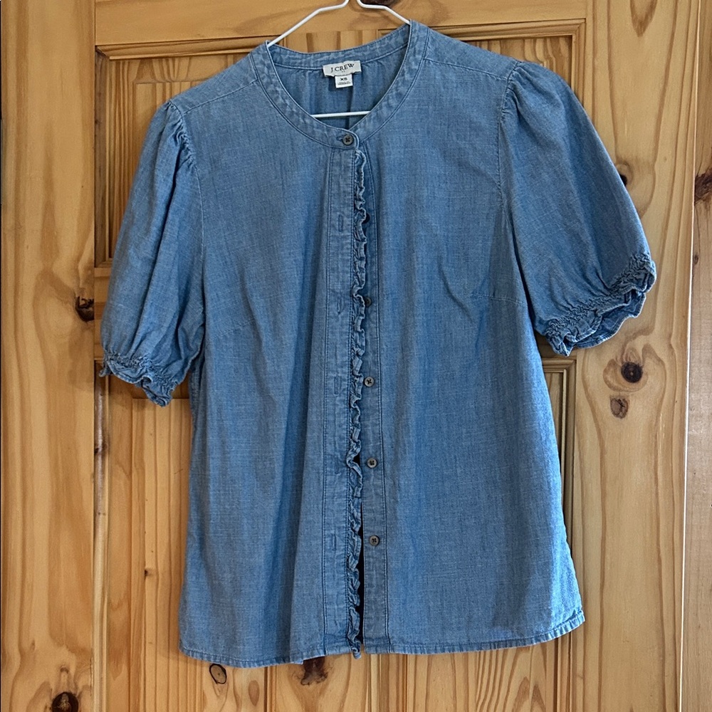 LOFT Blue Ruffle Button-Up Top